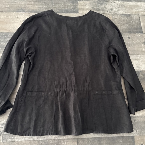 Flax Jeanne Engelhart Womens M Button front Shirt solid Black long slv linen - Picture 6 of 8